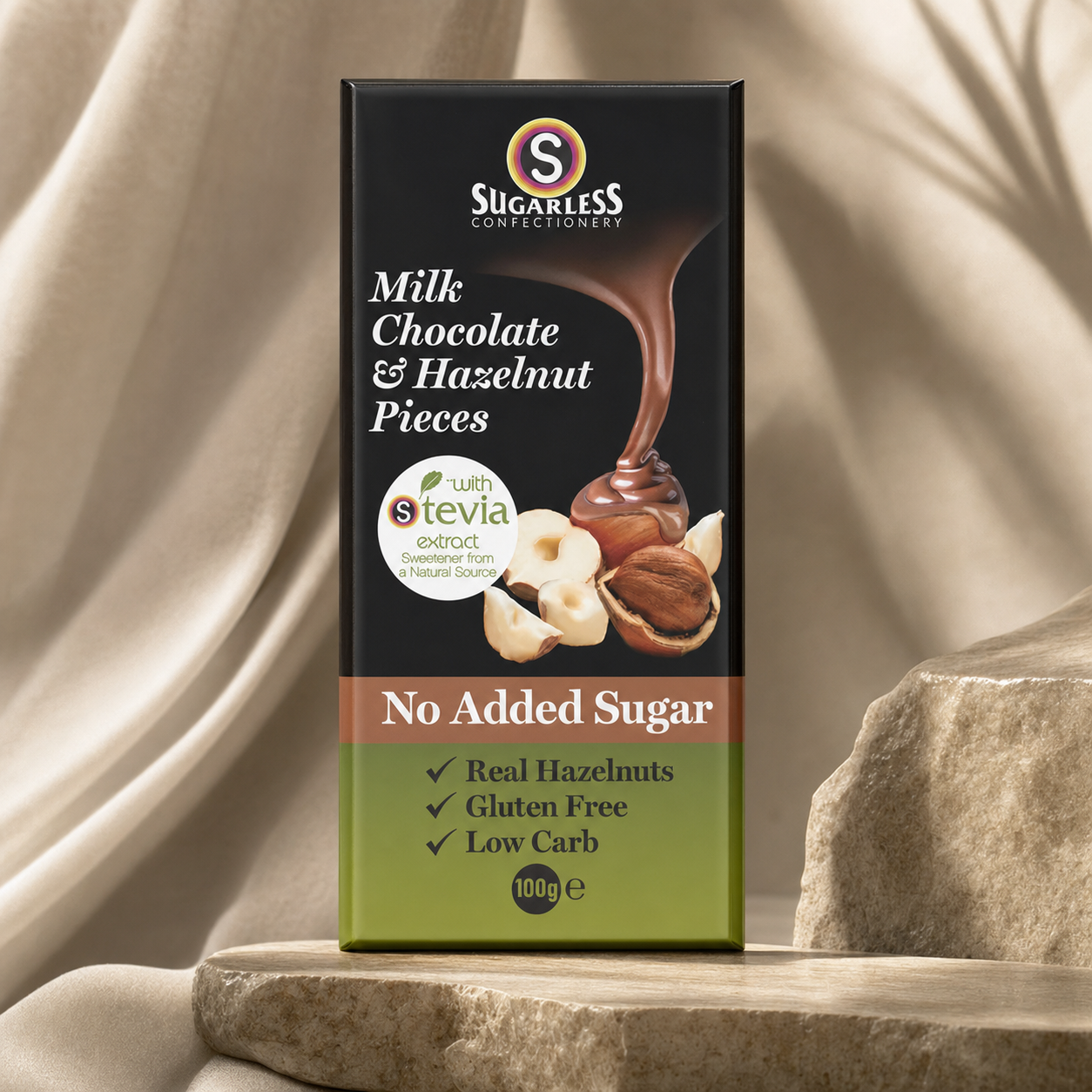 Sugarless Premium Milk Chocolate & Hazelnut Bar (100g) viinis