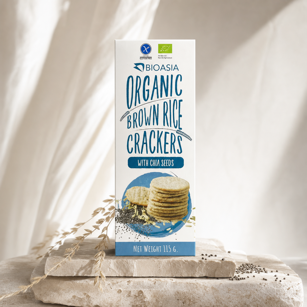 BioAsia Organic Chia Seed & Brown Rice Crackers (115g) viinis